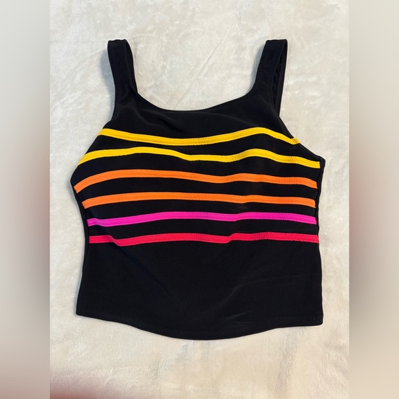 Vintage Longitude Black Ribbed Tankini Swim Top with Rainbow Stripes 10 - Picture 1 of 8